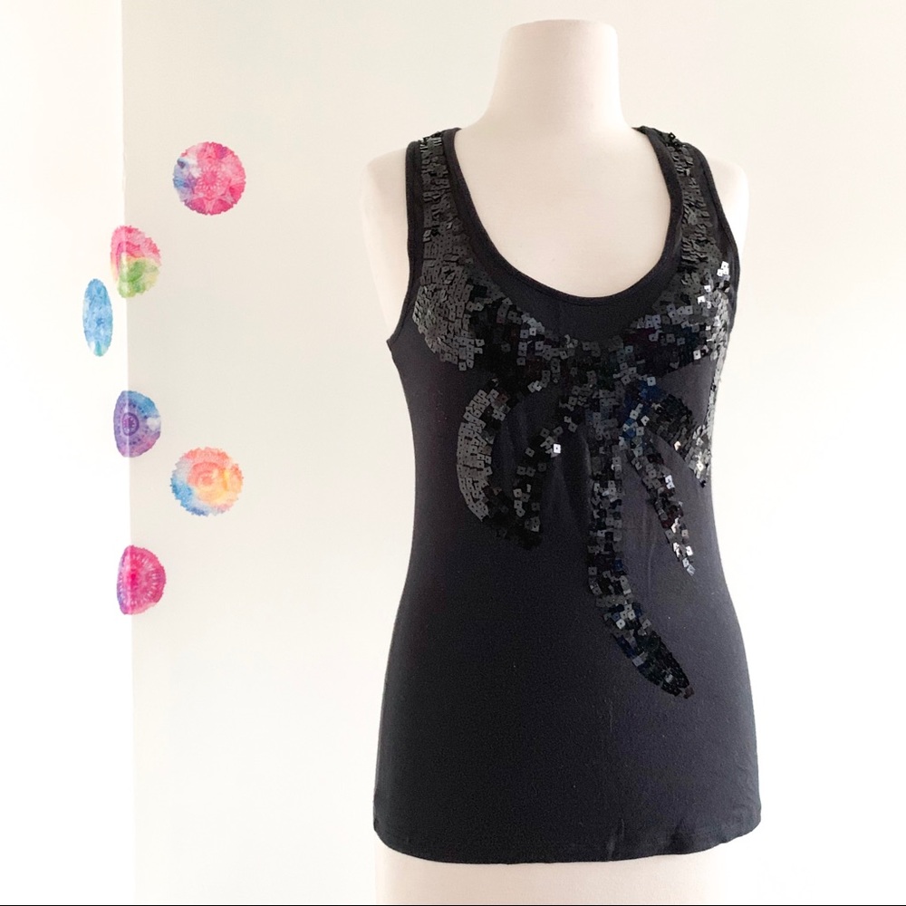 MILEY MAXAZRIA black sequin bow racerback tank top size M